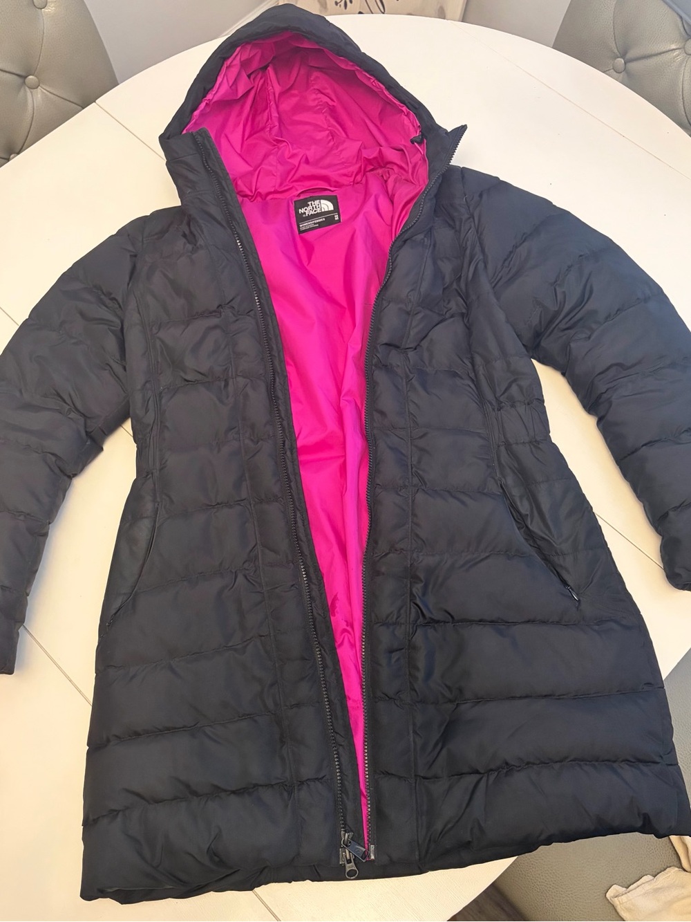 The North Face Women's Black Puffer Coat with Hot Pink Lining